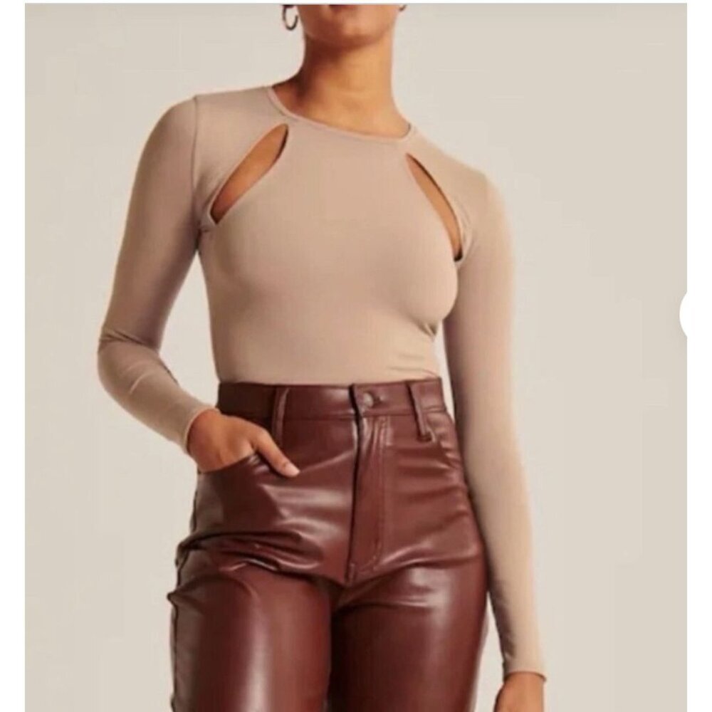 Abercrombie & Fitch Bodysuit Cut Outs Long Sleeve XL Camel Soft Stretch NEW